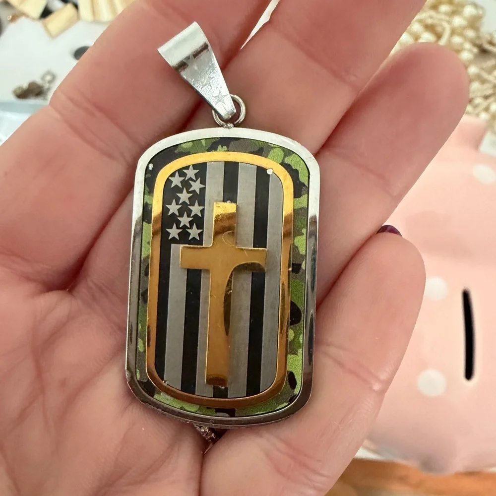 Silver Chain with American Flag  Cross Dog Tag Pendant